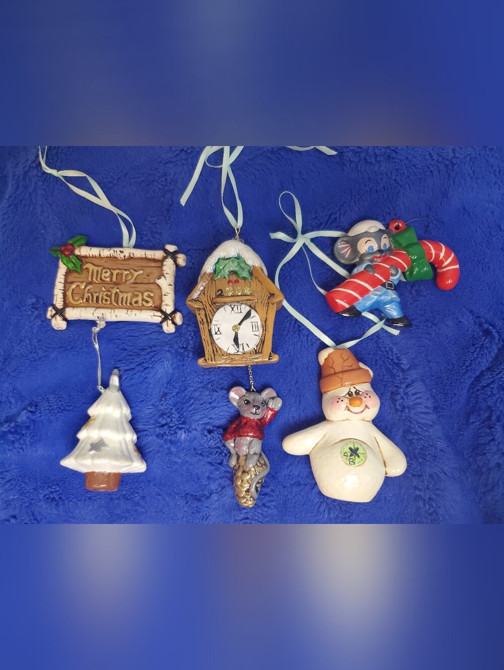 VTG 5 Piece Hand Painted Decorated Christmas Ornaments Tree Mouse Snowman Clock